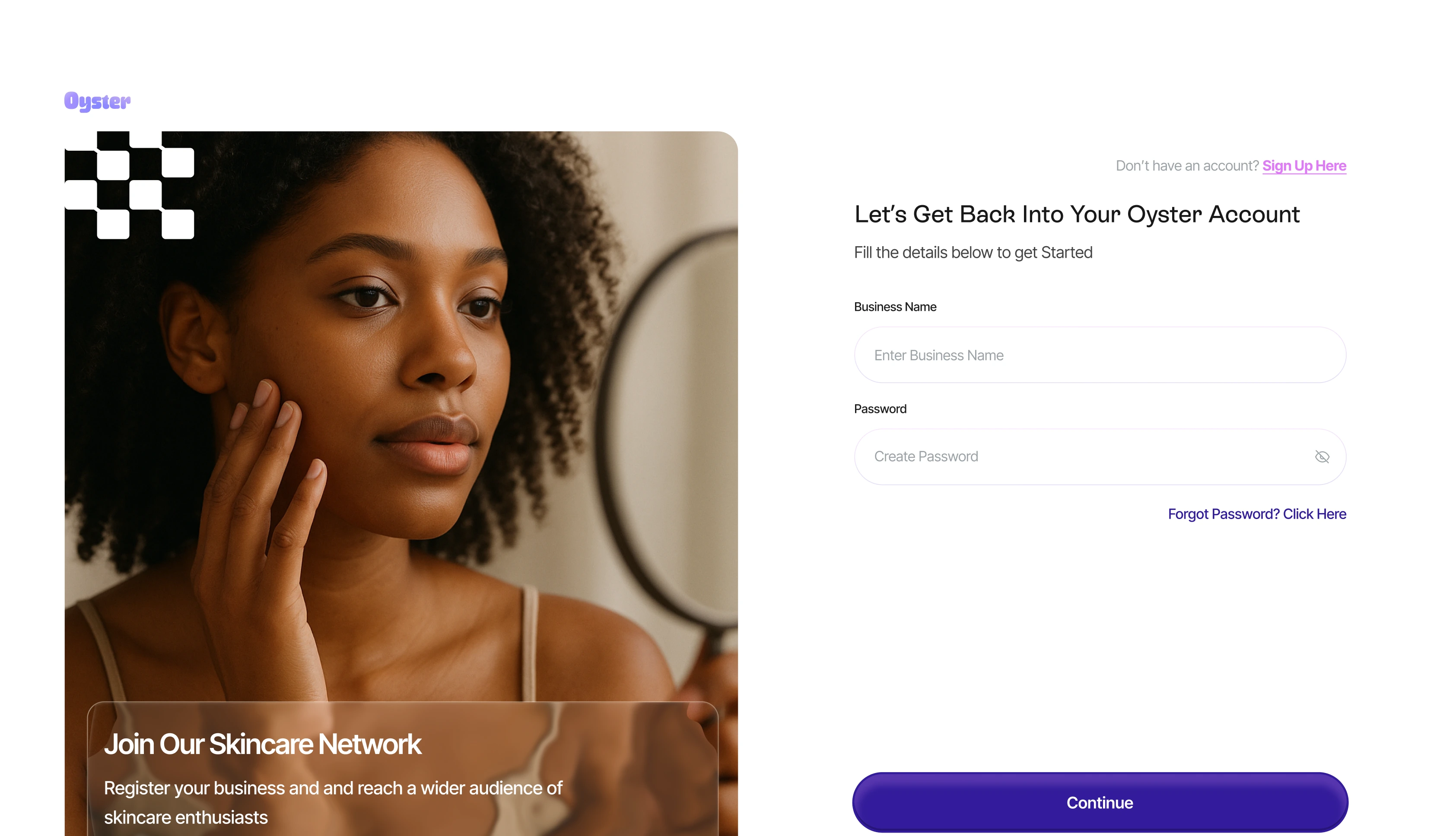 A display of the oyster login page