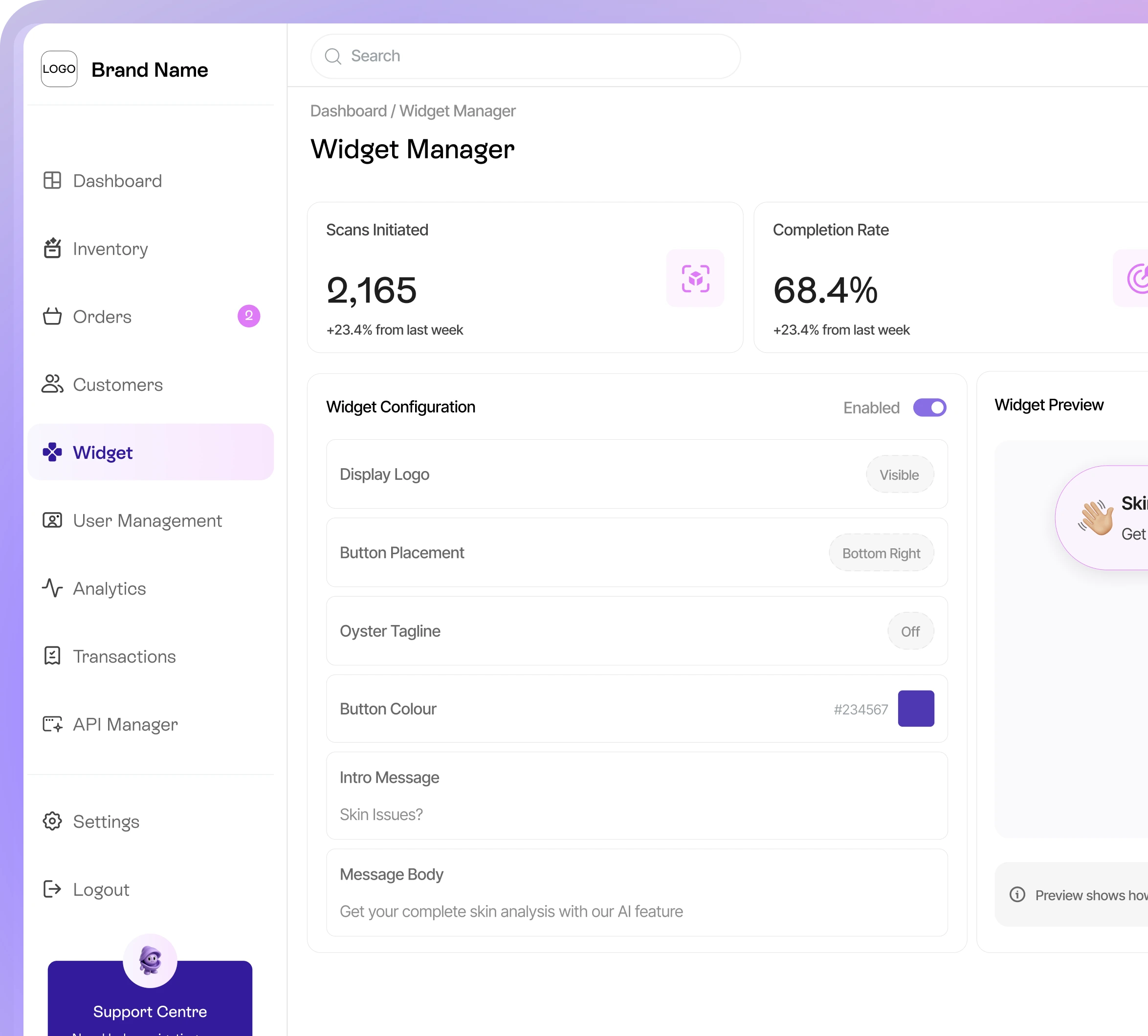 A dashboard displaying the widget manager for oyster users